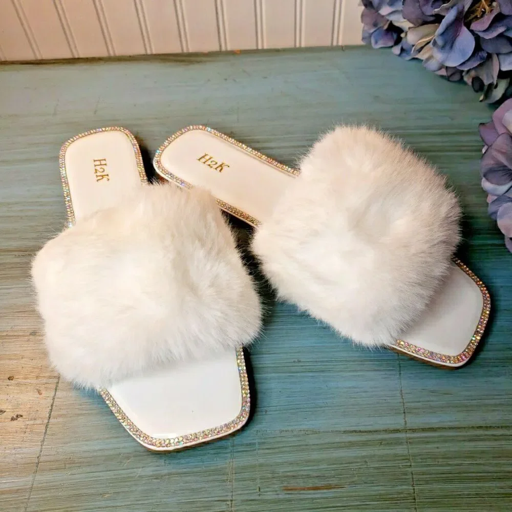 Faux Fur Rhinestone Slides Sandals Slippers Wedding Fuzzy Bling Cute Women Sz 10 - Picture 15 of 16